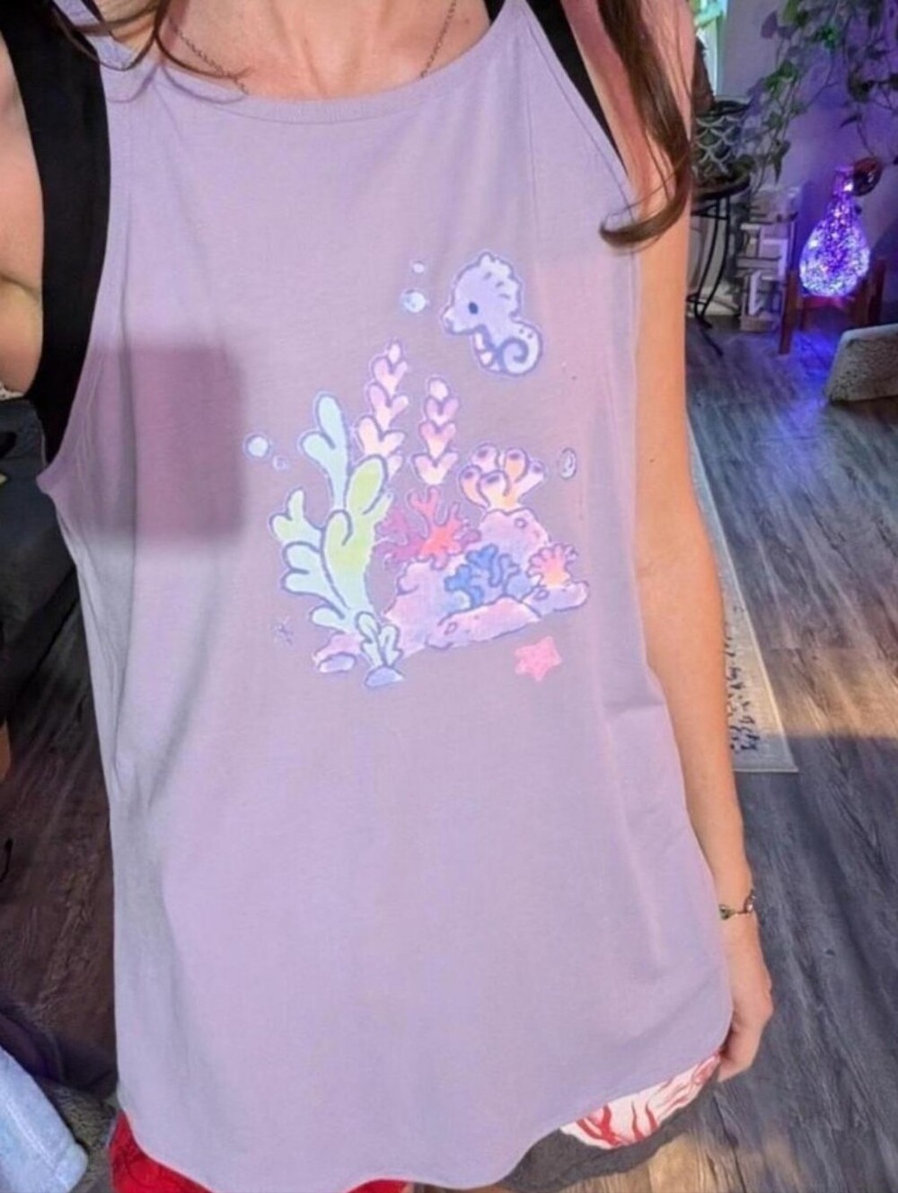 CRZ YOGA Lilac Tank Top with Pastel Seafoam and Coral Design